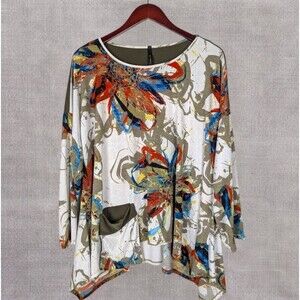 IC by Connie K Tunic Top Womens XL Abstract Artsy Floral Pocket Asymmetrical Hem